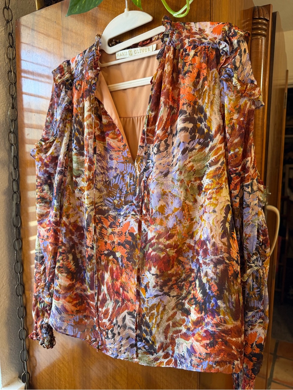 Marie Oliver Floral Ruffle Blouse XS Sheer Long Sleeve Fall Boho